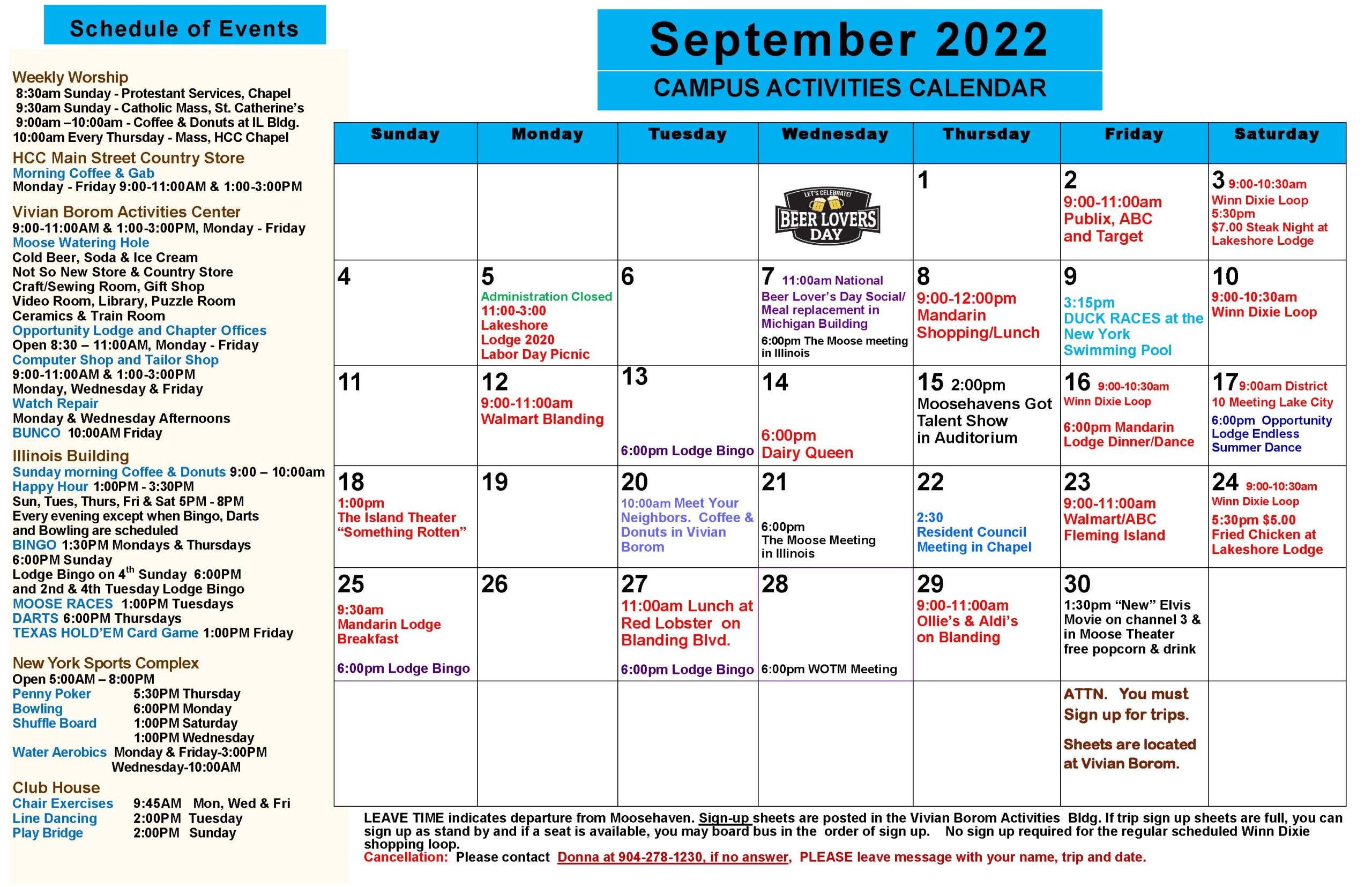 Activities Calendar Moosehaven
