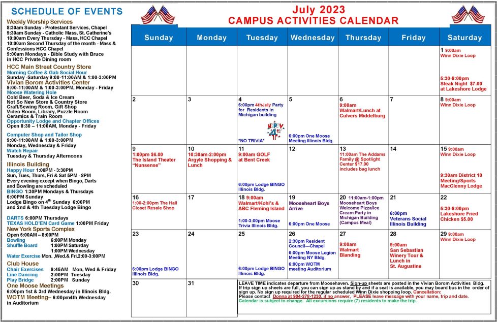 Activities Calendar Moosehaven