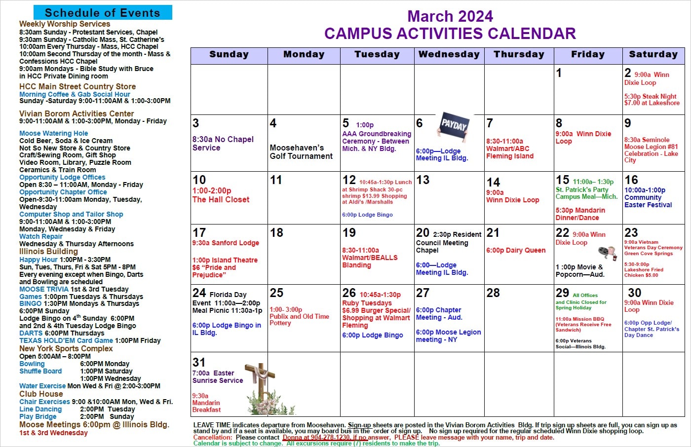 Moosehaven March 2024 Activities Calendar
