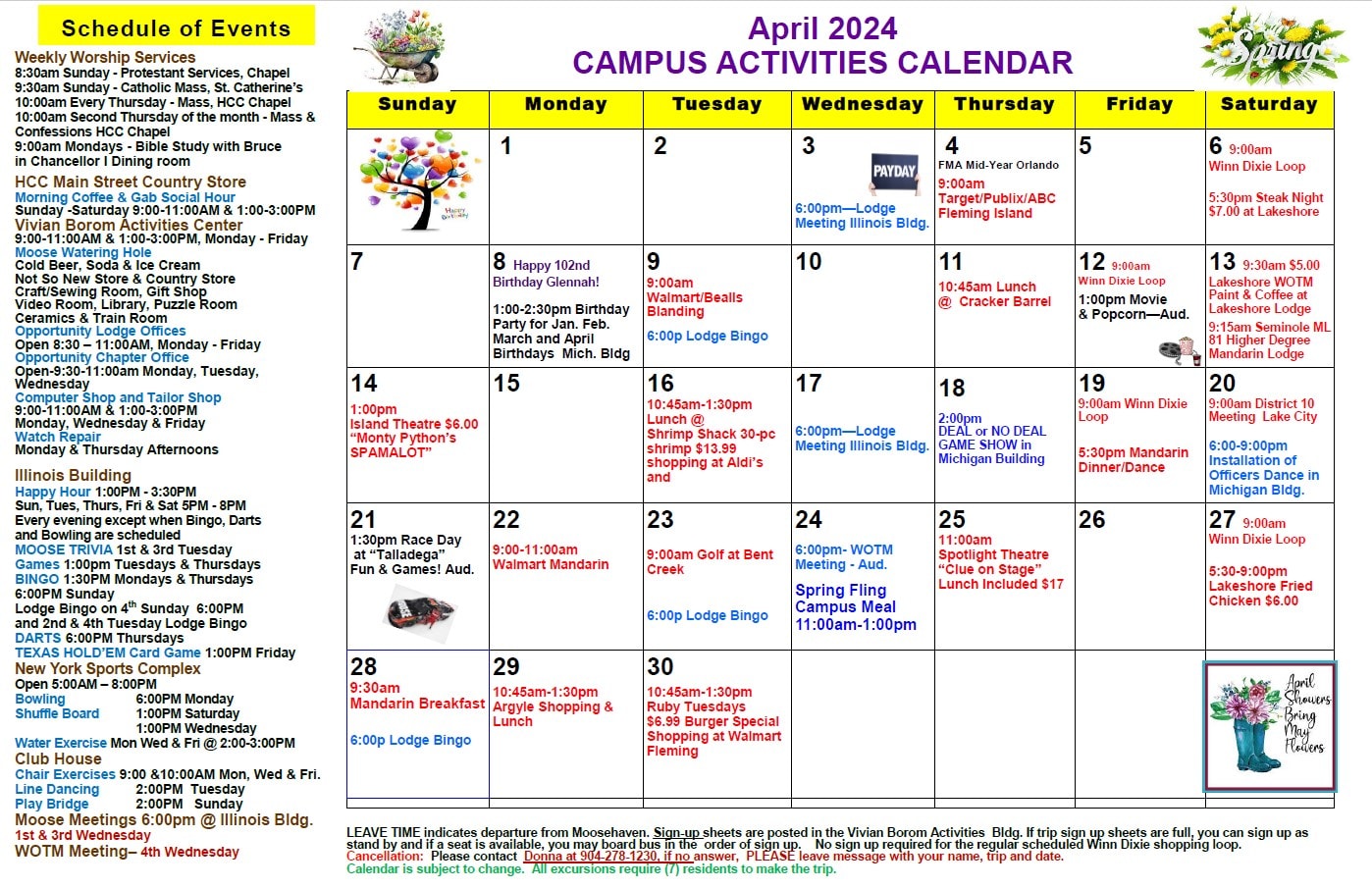 activities calendar for April 2024 Moosehaven residents